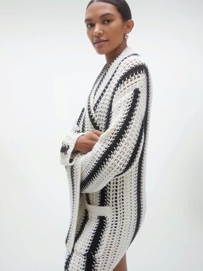 NakedCashmere Black and White Open-Knit Striped Cardigan